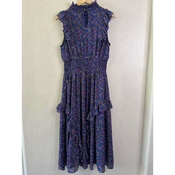 Lulus Evalina Midi Dress Womens Large Navy Blue Floral Smocked Ruffles Flowy - Picture 10 of 15